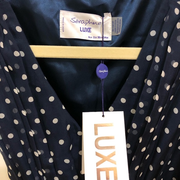 Seraphine Maternity LUXE navy & ivory polka dot silk cocktail “Cassandra” dress - Picture 4 of 9